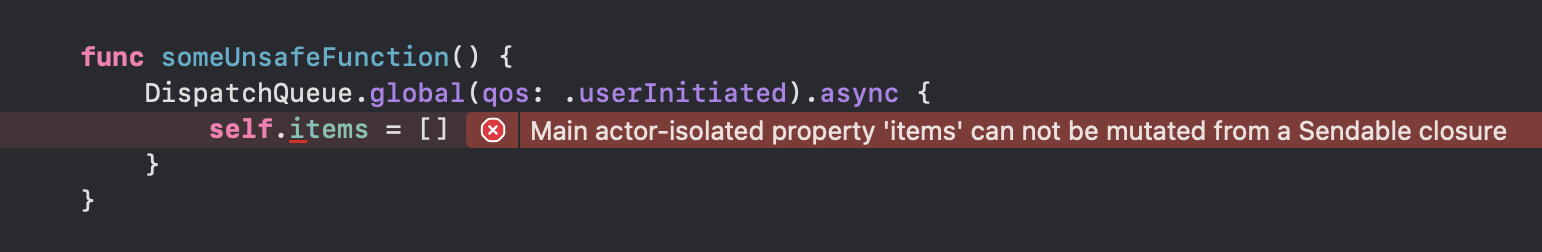 A screenshot of Xcode showing an error in a function from writing thread unsafe code.